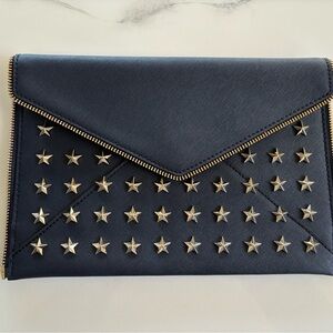 Rebecca Minkoff Zip Off Leo Pouch Envelope Clutch Navy Gold Star Studding NWOT